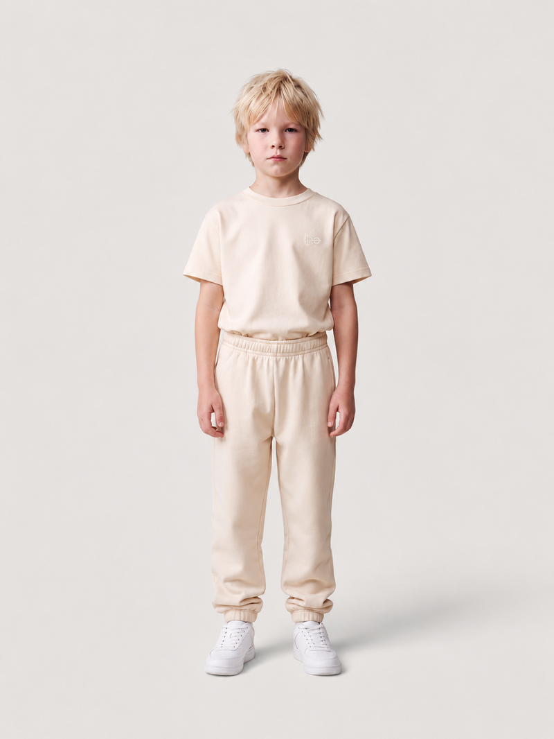 Le Flowy enfant beige coton, pantalon jogging enfant en coton biologique – vue 2