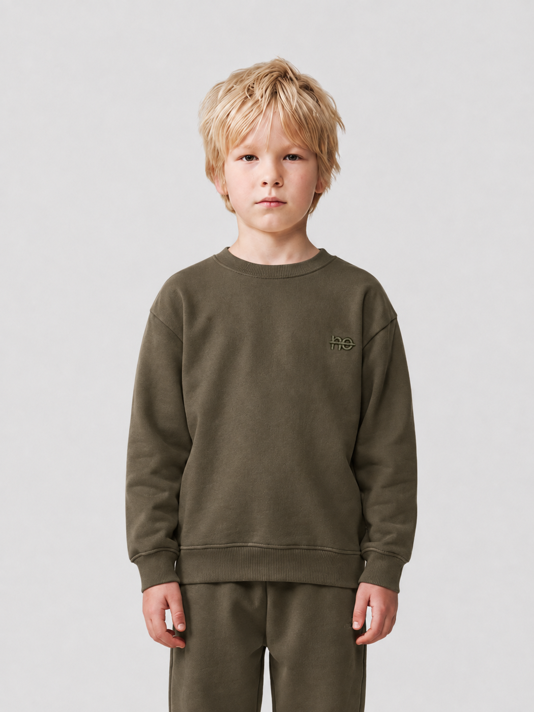 Le Sweaty enfant vert kaki, sweat enfant sans capuche en coton biologique – vue 1