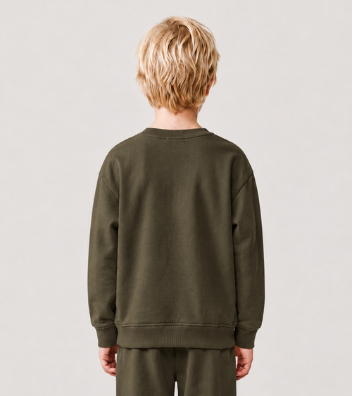 Le Sweaty enfant vert kaki, sweat enfant sans capuche en coton biologique – vue 3
