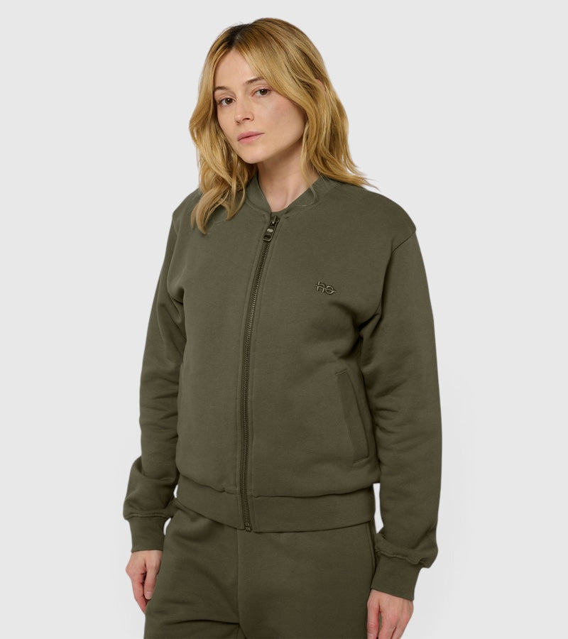La Teddy vert kaki, veste teddy unisexe zippée en coton biologique – vue 1
