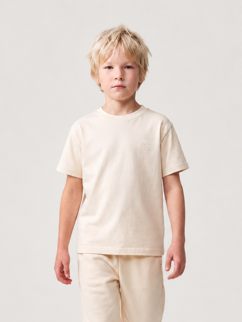 Le Ty-shirt O enfant beige coton, T-shirt enfant col rond en coton biologique – vue 1
