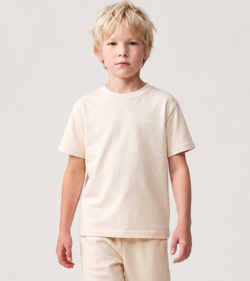 Le Ty-shirt O enfant beige coton, T-shirt enfant col rond en coton biologique – vue 1