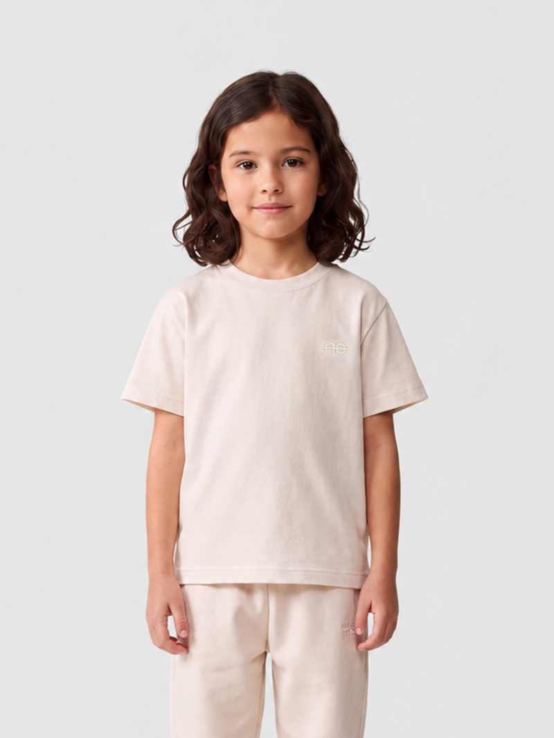 Le Ty-shirt O enfant beige coton, T-shirt enfant col rond en coton biologique – vue 2