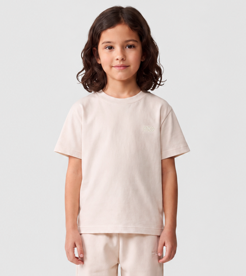 Le Ty-shirt O enfant beige coton, T-shirt enfant col rond en coton biologique – vue 2