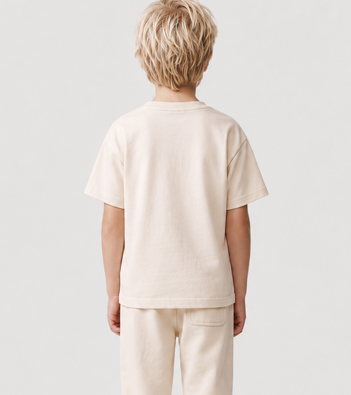 Le Ty-shirt O enfant beige coton, T-shirt enfant col rond en coton biologique – vue 4
