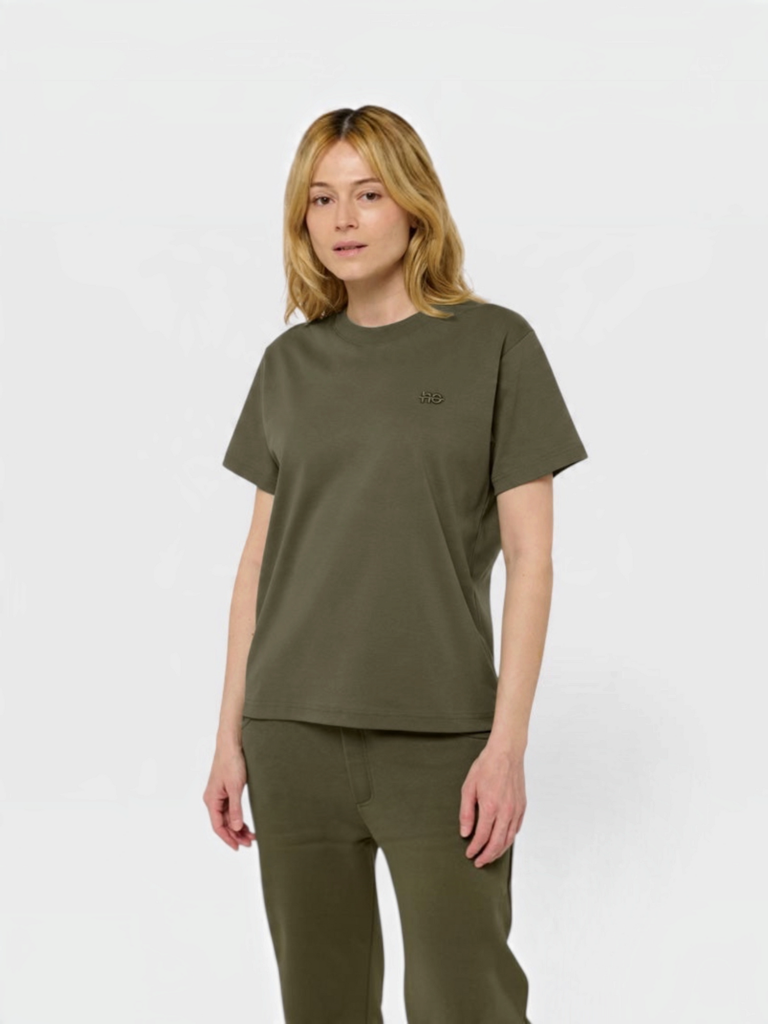 Le Ty-shirt O vert kaki, T-shirt unisexe col rond en coton biologique – vue 2